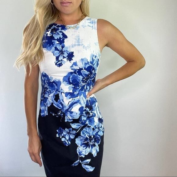 Anthropologie Maeve Blue & White Cut Out Back Sheath Dress - Picture 4 of 12